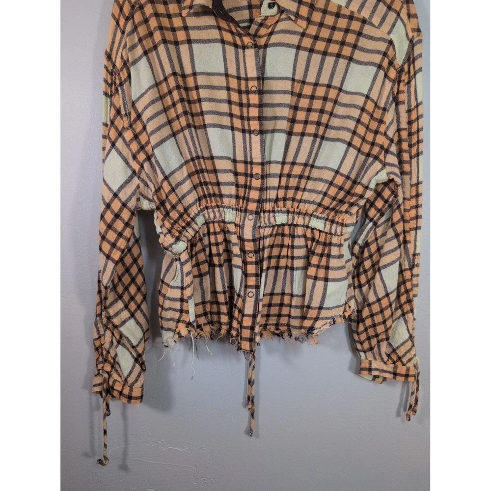 $118 Free People Pacific Dawn Plaid Shirt Peach Tree Plaid Snap Button Down S